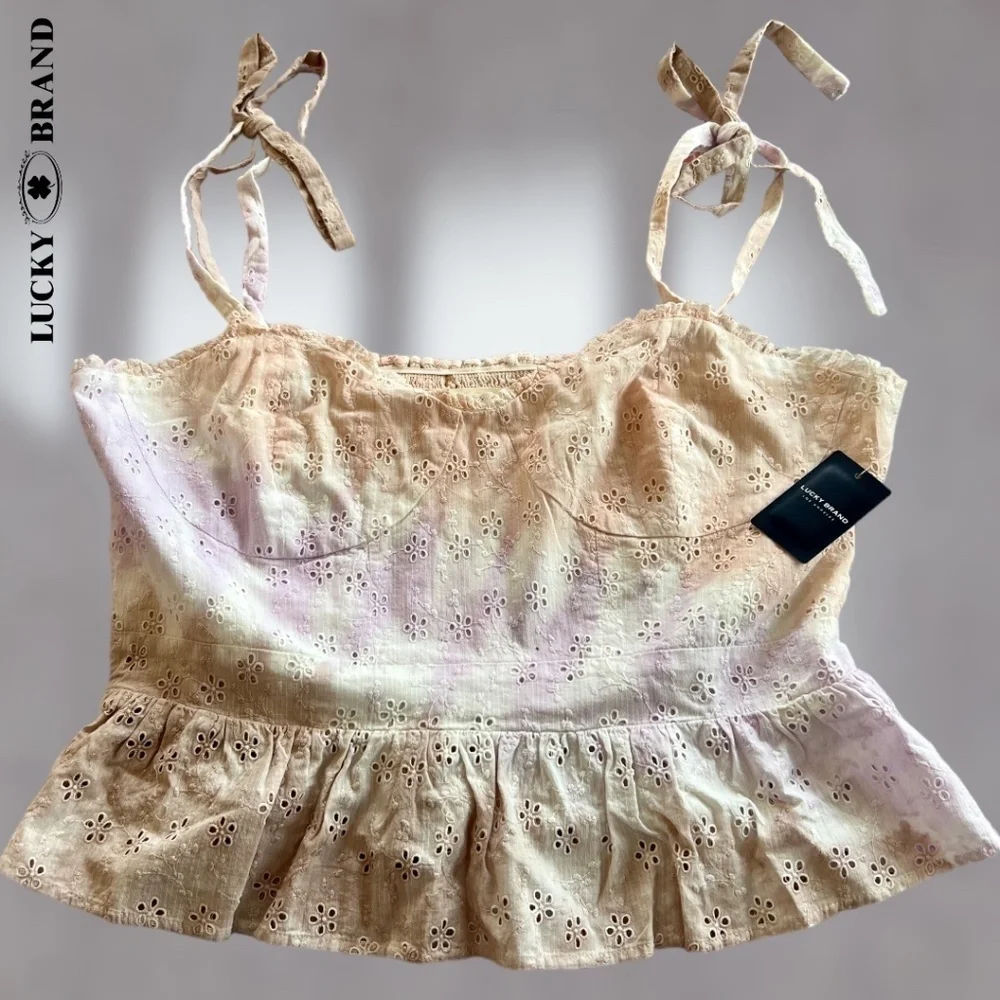 LUCKY BRAND Sweetheart Neck Shoulder Ties Cotton Eyelet Tie-Dyed Corset Top NWT